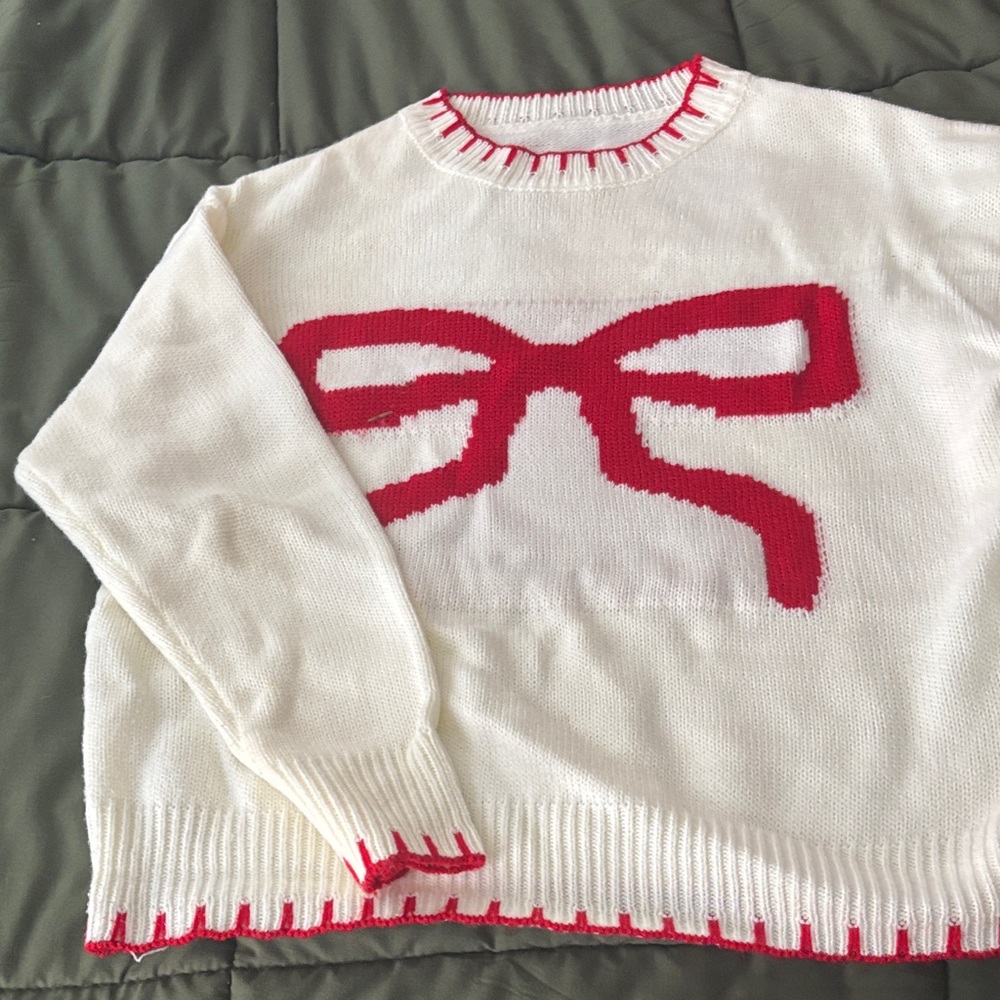 White and Red Bow Sweater
